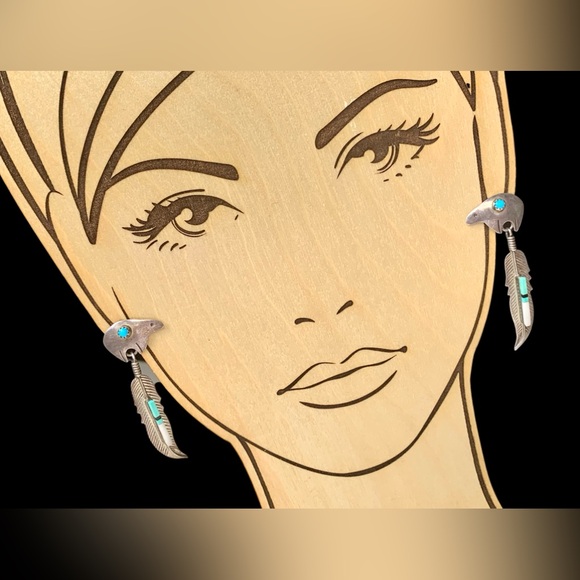 Native American Navajo Sterling Turquoise Mosaic Stone Feather Bear Earrings - Picture 5 of 7